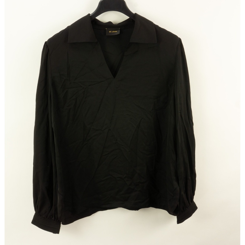 St. John Black Label Satin Silk Collared V-Neck Top Womens 18 Long Sleeve Blouse
